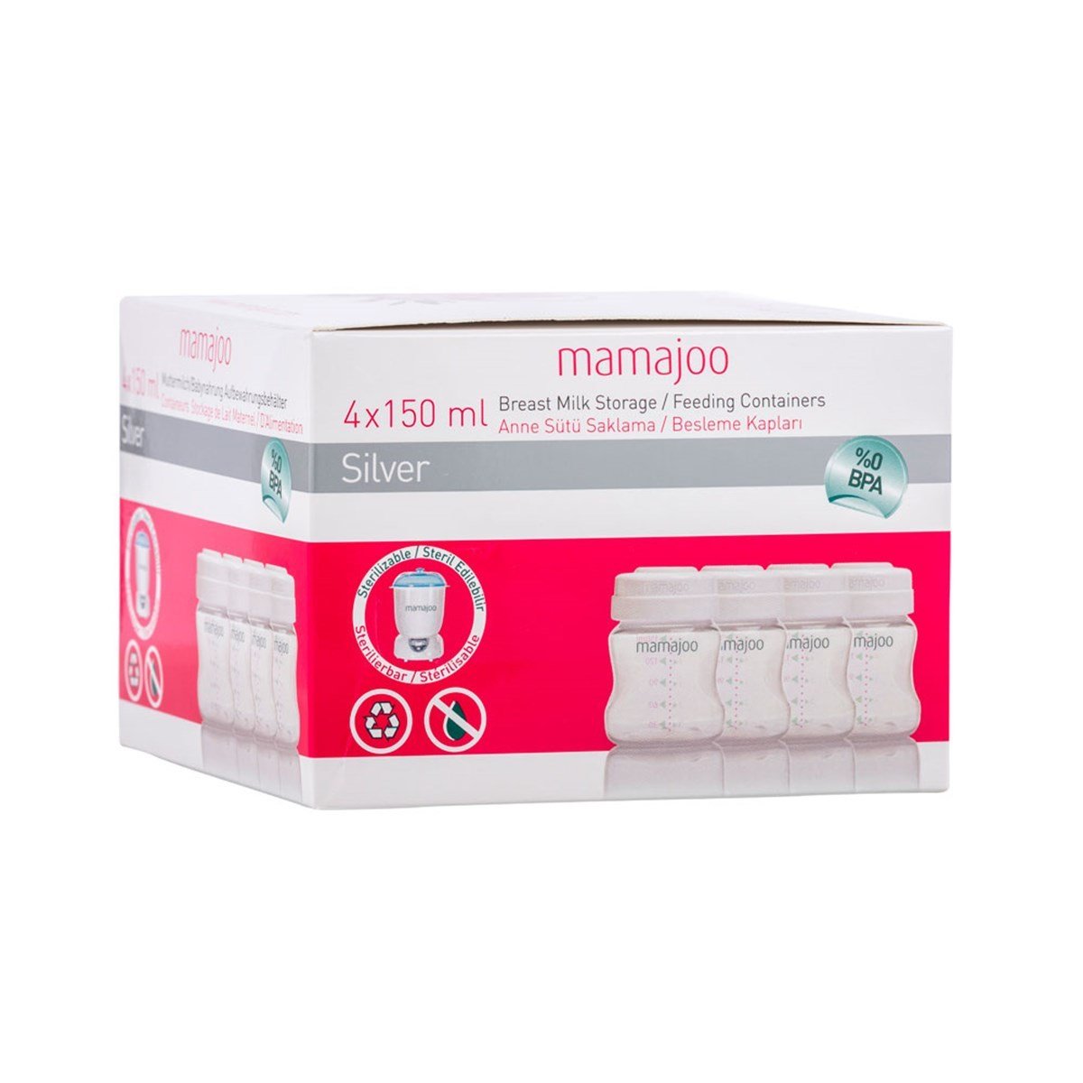 Mamajoo Silver Anne Sütü Saklama Kapları 4x150 ml & Silver Biberon 150ml